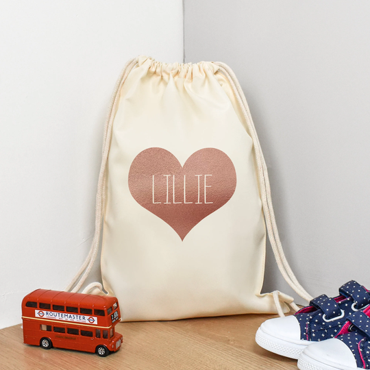 Personalised Gym Bag Kids, Girls Rose Gold Bag, Drawstring School Heart Pe Pump Nursery