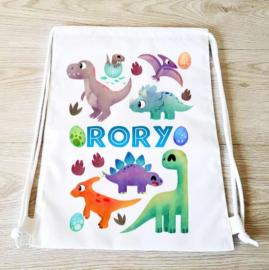 Dinosaur Boys Drawstring Backpack Bag Pe Gym Girls Sports Personalised School Swim Dinosaurs Blue