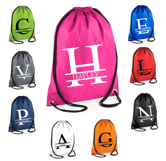 Personalised Name & Split Letter Drawstring Bag Gym School Club Pe Custom Kids Backpack Soccer Child Adult