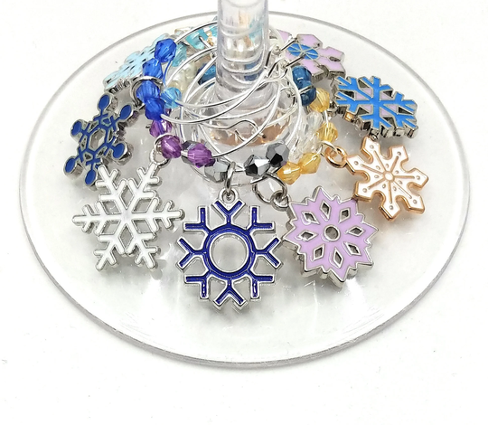 Snowflake Winter Wine Charms, Glass Identifier Tags, Markers, Christmas Gifts, Party Favor Pack Option Available, 9/Pack