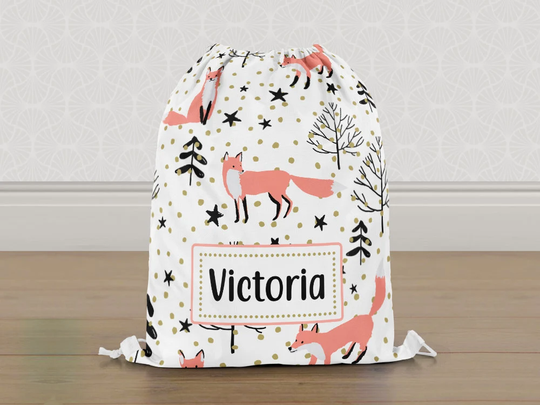 Personalised Fox Gym Bag, Gold Dots Girls Kids Drawstring Childrens School Pe Swim Bag | Customise With Any Name