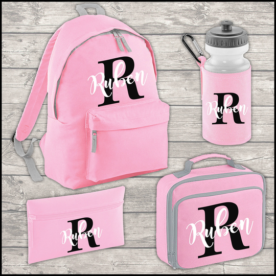 Personalised Backpack Kids 12 Litre Boys Girls Initial Name Lunch Bag Water Bottle & Pencil Case Pe School Back To Pink