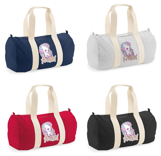 Personalised Unicorn Rainbow Cloud Pattern Any Name Birthday Girl Gift Present Idea Unisex Barrel Bag Holdall Zip Sports Duffle Bag