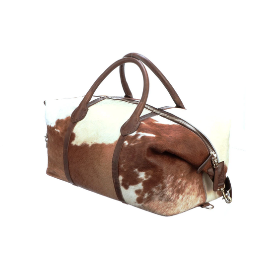 Real Cowhide Duffel Bag Brown & White Shoulder Duffle Large Leather Travel Overnight Weekender