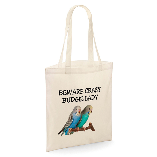 Beware Crazy Budgie Lady Tote Shopper Bag - Natural Colour