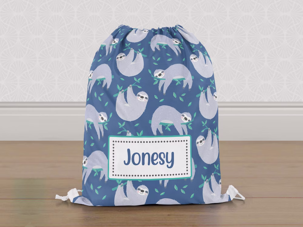 Personalised Blue Sloth Gym Bag, Boys Kids Drawstring Childrens School Pe Swim Bag | Customise With Any Name