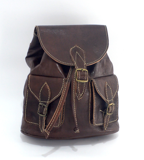Dark Brown Handcrafted Moroccan Leather Rack Sack Bag. 2 Front Buckled Pockets