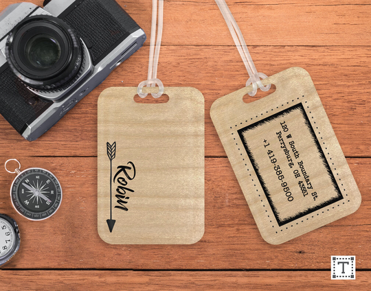 Custom Bag Tag, Natural Wood Luggage Personalized Backpack Satchel Travel, Diaper Id, Arrow, Southwestern Style