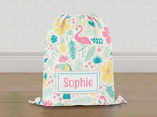 Personalised Flamingo Parrot Tropical Gym Bag, Girls Kids Drawstring Childrens School Pe Swim Bag | Customise With Any Name