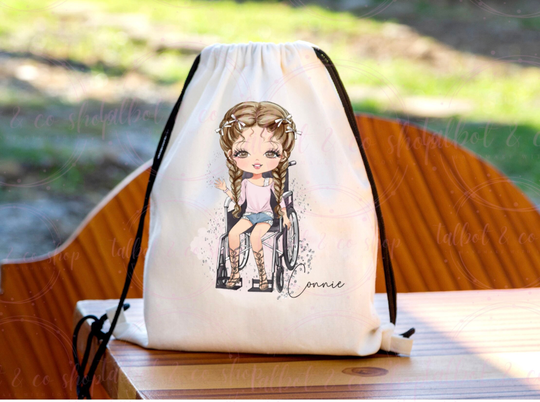 Personalised Wheelchair Girl Drawstring Bag, P.e Kit Back To School Nursery Kids Swim Gym Dance