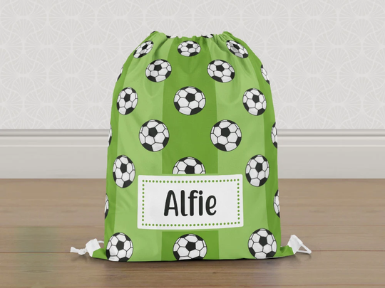 Personalised Football Soccer Sports Gym Bag, Boys Girls Kids Drawstring Childrens School Pe Swim Bag | Customise With Any Name