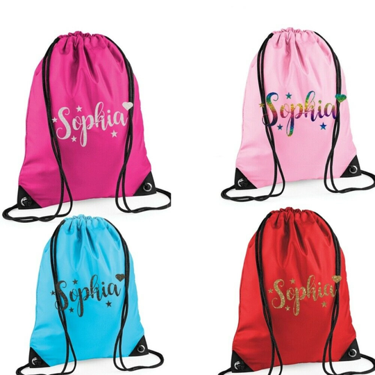 Personalised With Name Or Choice Of Gymnast Glitter Print Drawstring Gym Bag Dance/ P.e Kit /Sports