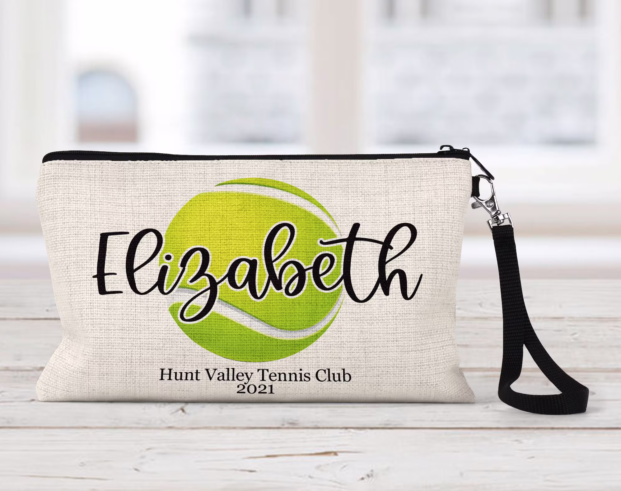 Tennis Ball Makeup Bag, Personalized, Natural Linen, Zipper Pouch, Tech Accessory Art Or Journaling Pouch