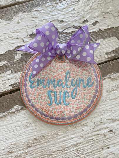 Bag Tag/Circle Floral Tag With Stitched Beaded Trim & Monogram/Luggage Tag/Backpack Tag/Stroller Tag/Diaper