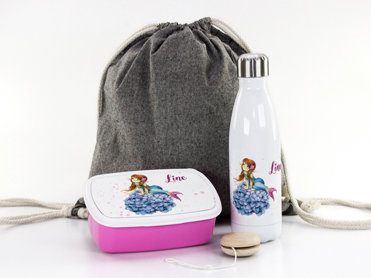 Gift Set For School, Personalized With Desired Name, Motif Mermaid Flowers, Bread Box, Drinking Bottle & Bag School Daycare