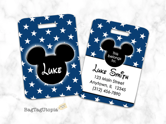 Mickey Mouse Luggage Tag, Bag Blue With Stars, Personalized