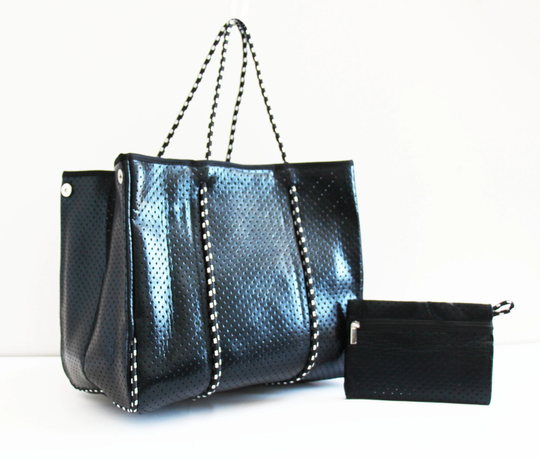 Neoprene Marin Tote Black Metallic With Zebra Lining in Stock 7/15