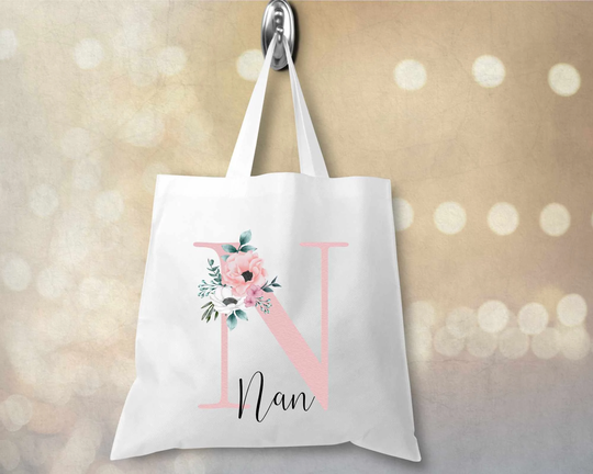 Nan Tote Bag Shopping Tote Initial Large Floral Letter White