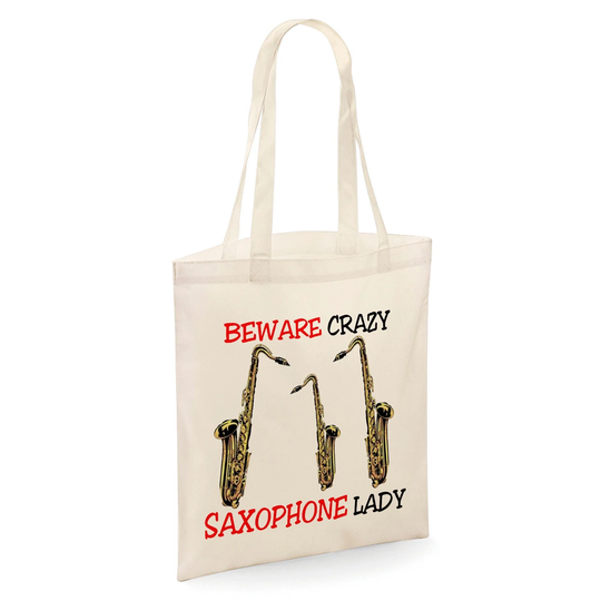 Beware Crazy Saxophone Lady Tote Shopper Bag - Natural Colour