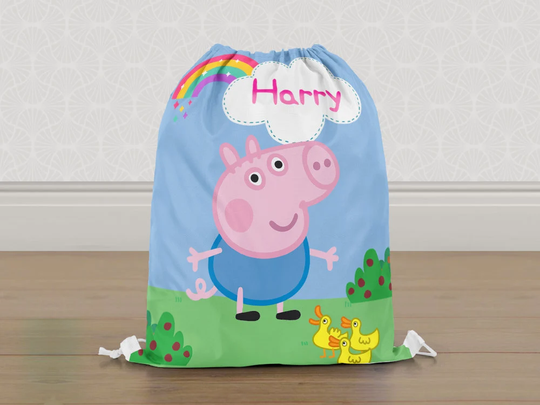 Personalised George Pig Gym Bag, Boys Peppa Kids Drawstring Childrens School Pe Swim Bag | Customise With Any Name