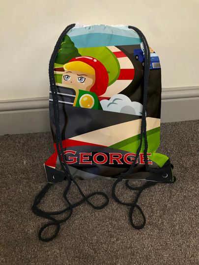 Personalised Children's Race Car Drawstring Gym Bag, Any Name, Back To School, Colourful, Sports, Pe, Gift