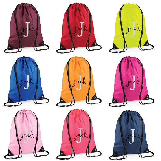 Personalised School Gym Bag. Back To Essentials. Gymsac/Pe Kit Bag With Name & Initial. Bagbase Premium Gymsac