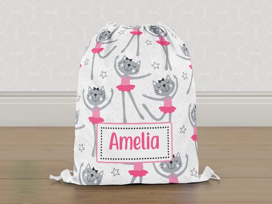 Personalised Cats Ballerina Gym Bag, Kitty Ballet Girls Kids Drawstring Childrens School Pe Swim Bag | Customise With Any Name
