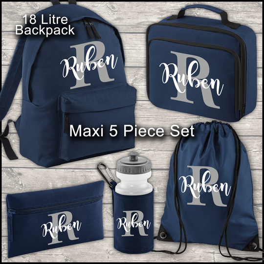 Personalised Backpack Kids 18 12 Or 9 Litre Boys Girls Initial Name Lunch Bag Water Bottle Pencil Case School Pe Back To Navy