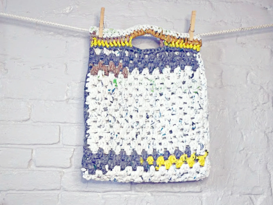 Reusable Market Bags | Plarn Tote Yellow & Grey Striped