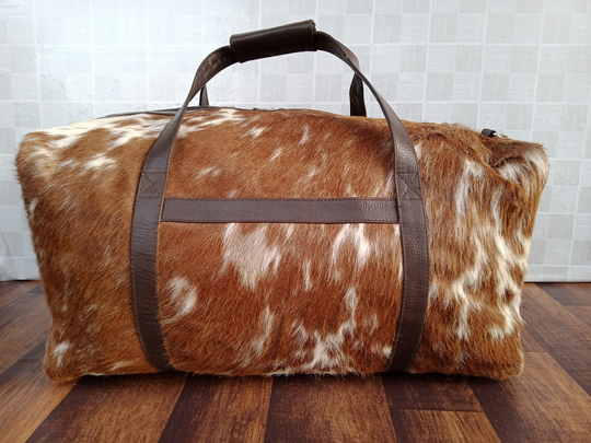 Exact To Picture Cowhide Leather Weekend Duffel Bag Brown & White Duffle Overnight Travel Large Gym Hair On