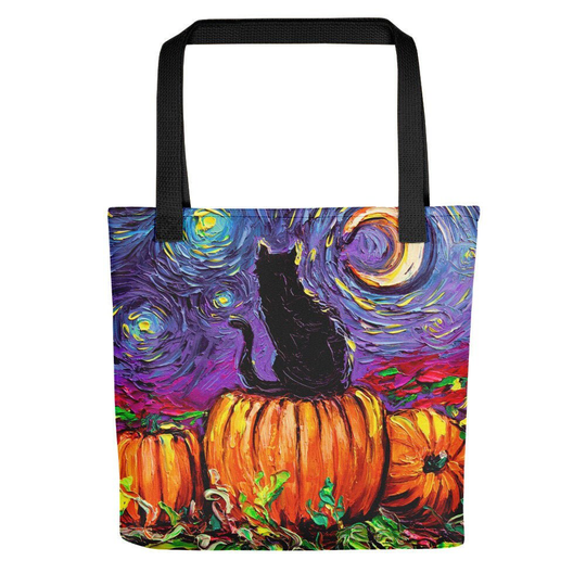 Tote Bag - Starry Night Cat Handbag Artwork By Aja Black & Pumpkin Patch Halloween