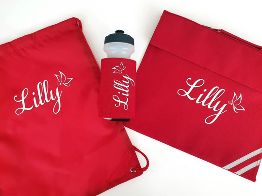 Personalised School Book Bag, Pe Bag & Drink Bottle Back To School Bundle, Homework Back To Choice Of Colours & Fonts