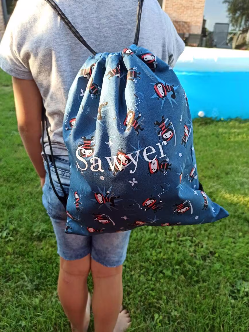 Personalized Kids Backpack Ninja, Toddler Drawstring Bag For Boys, Ninja Fighter Blue, Gym Bags Son, Custom Back To School Gift Grandson