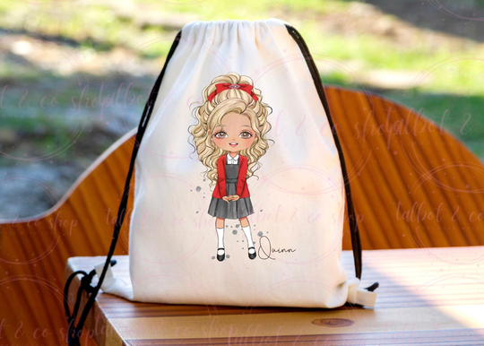 Personalised Red & Grey School Girl Drawstring Bag, P.e Kit Back To Nursery Kids Swim Gym D