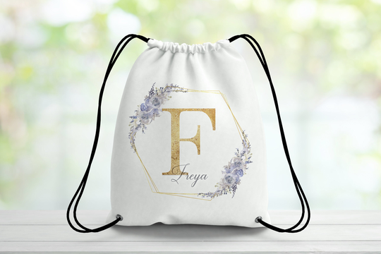 Personalised Metallic Gold & Purple Floral Initial, Personalised Girls P.e Bag, Back To School