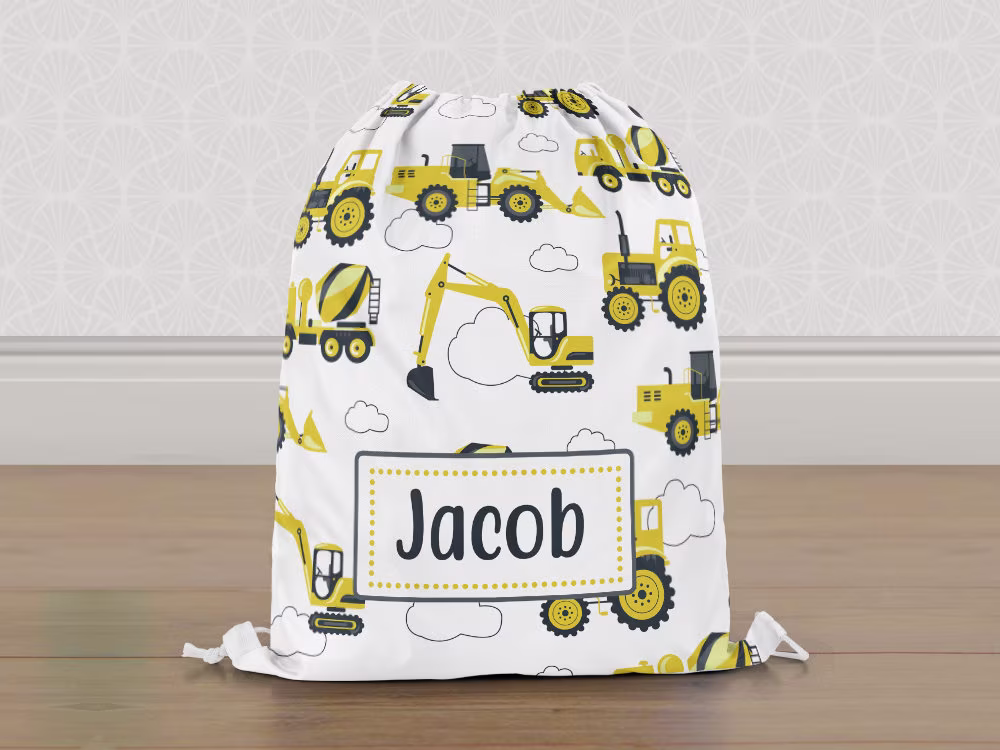 Personalised Diggers Tractors Bulldozers Gym Bag, Boys Kids Drawstring Childrens School Pe Swim Bag | Customise With Any Name
