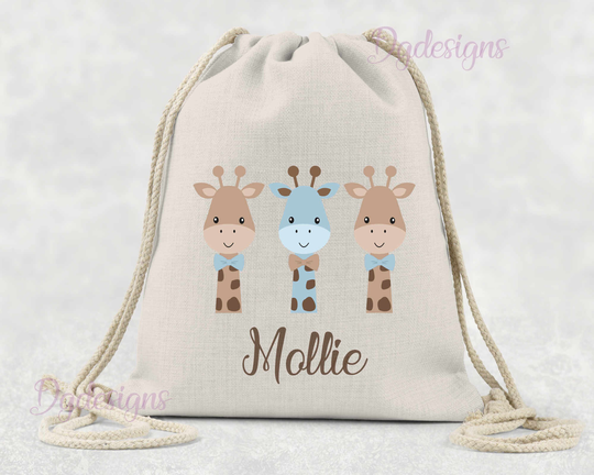Personalised Bag Dance Gym Baby Gift Drawstring Linen Giraffes