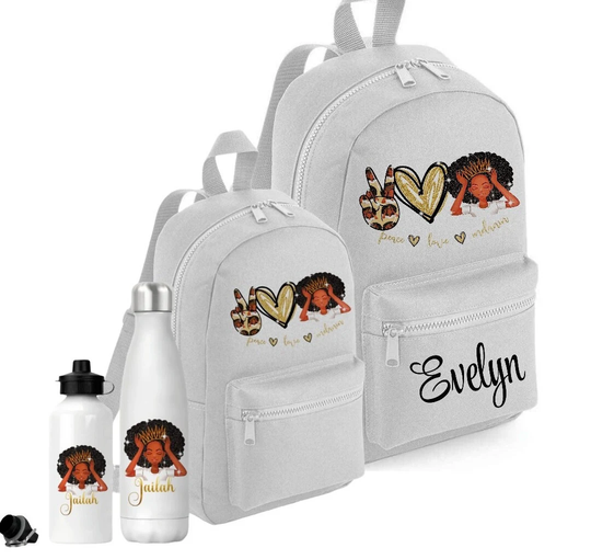 Personalised Backpack, School Backpack & Water Bottle Set, Black Girl Rucksack Bag, Peace Love Melanin