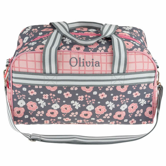 Personalised Girl's Duffle Bag With A Classical Charcoal Flower Design | Kids For Sport, School, Travel Girl Flowers