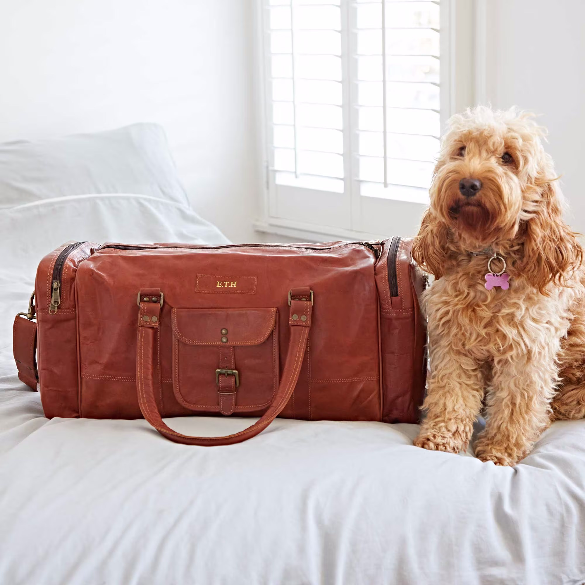 Reworked Personalised Recycled Leather Weekend Bag - Extra Large Brown Gym Holdall Duffle Overnight Travel For Him