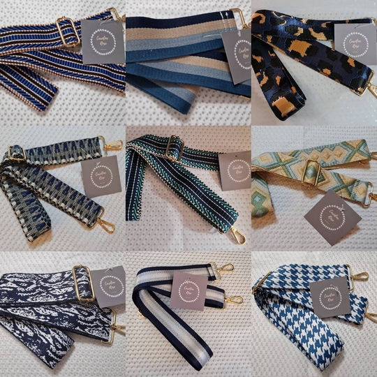 Blue Patterned Changeable Bag Straps - Gold Hardware