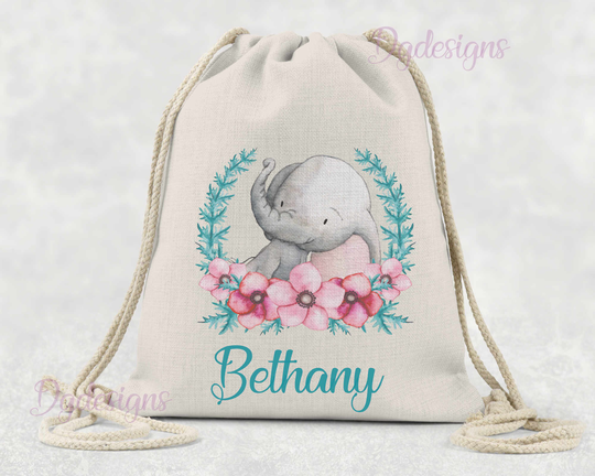 Personalised Bag Dance Gym Baby Gift Child Playschool Drawstring Linen Pink Nelly