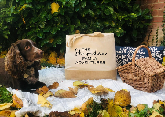 Personalised Family Jute Tote Bag, Organic, Camping, Holiday, Weekend Shopper, Gift For Family, Parents, Beach, Unique Custom Design