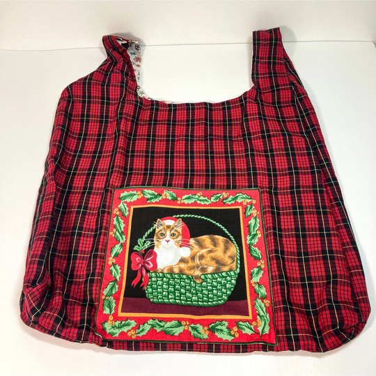 Christmas Kitty Reusable Foldable Shopping Tote, Eco - Friendly Holiday Grocery Bag, Gift For Cat Lovers