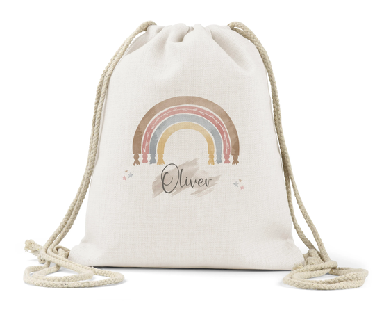 Personalised Drawstring Bag Linen Kids Children's Boys Girls Backpack Toys Nappy Nursery School P.e Book Boho Rainbow