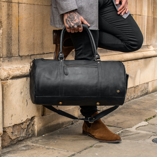 Personalized Leather Duffle Bag - Weekend Bag/Overnight Gym Travel Bag/Cabin in Black Full Grain Handmade By Mahi