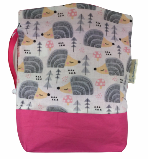 Two At A Time Knitting Bag With Hedgehogs, Medium Sock Sack, Pink Drawstring Divided, Shoe, Toiletries, Work in Progress , Wip