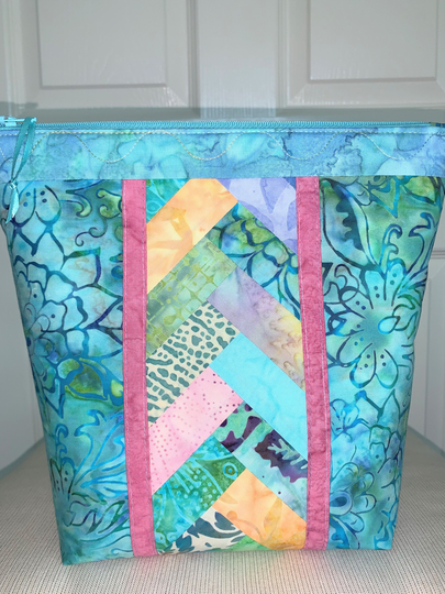 Gift Ready Large Handmade Quilted Teal Blue Green Batik Zipper Pouch With Colorful Accent Band Travel Ready Craft Class Tools & More