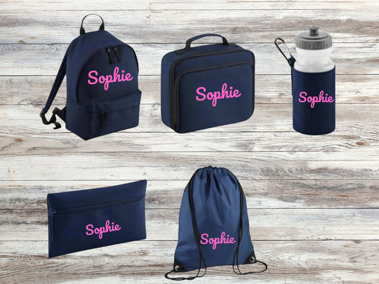 Personalised School Bag Set, Back To Backpack, Bottle, Lunch Bag, Pe Pencil Case For Children