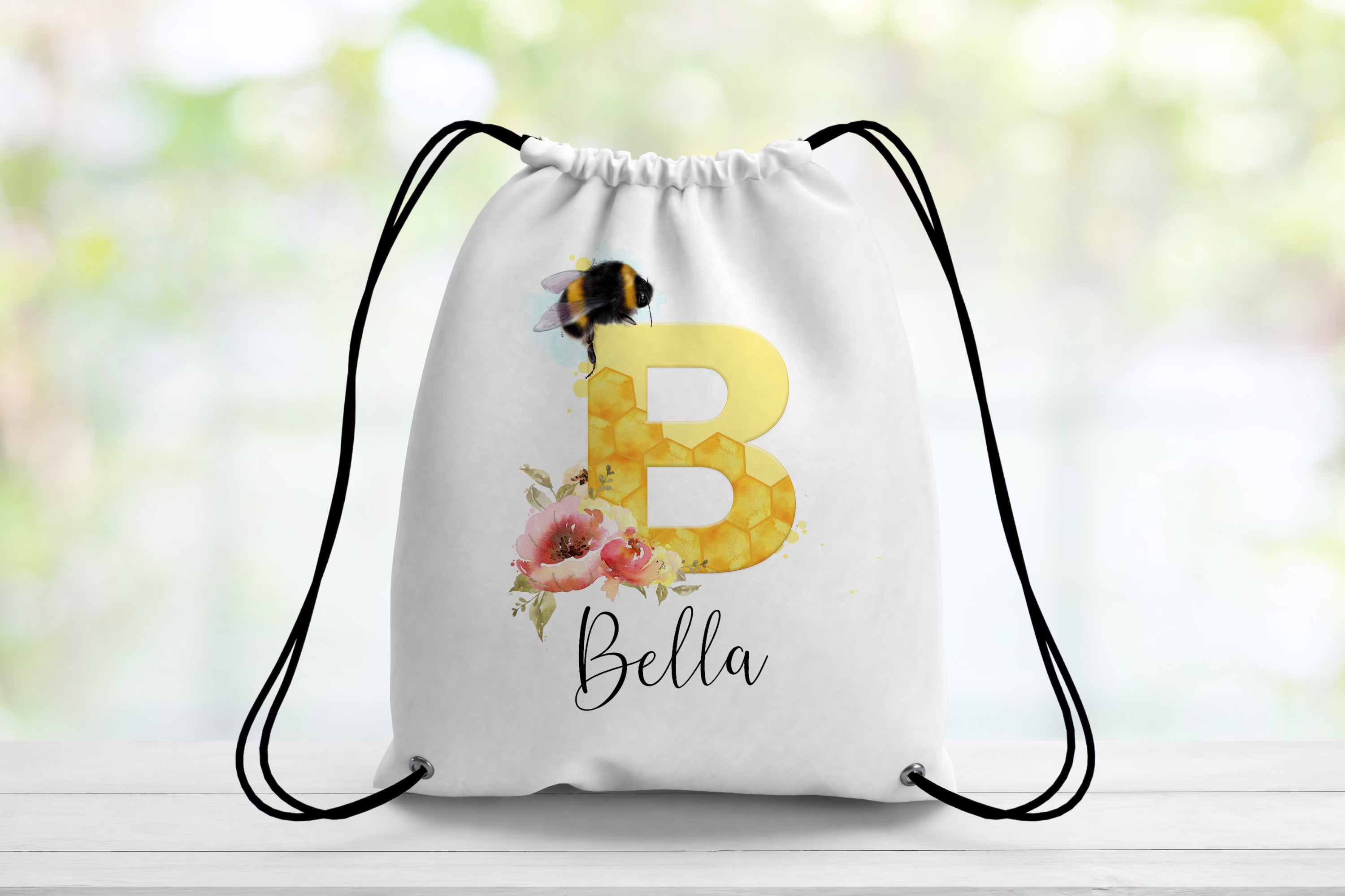 Personalised Bee Initial Drawstring Bag